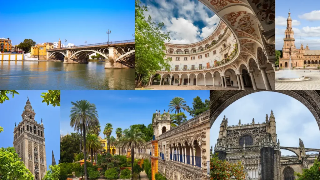 Collage de los principales monumentos de Sevilla, como la Giralda, el Real Alcázar y la Plaza de España, ideales para turismo y experiencias culturales.